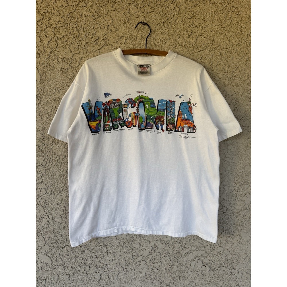 Vintage 90s Oneita Virginia Art Spell Out Attractions T-Shirt Medium USA Made